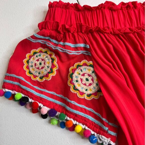 Entro Off Shoulder Pom Pom Embroidered Boho Peasant Tunic Red Orange Women Med - Picture 5 of 11